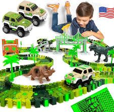 Dinosaur Race Car Track Set Toy, STEM Glow In The Dark
