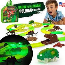 Dinosaur Race Car Track Set Toy, STEM Glow In The Dark