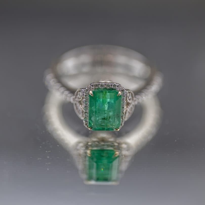 14k White Gold 8x6mm Genuine Zambian  Emerald  .46ctw Diamond Ring