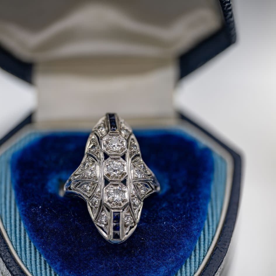 Platinum  .75cttw Miner Cut Diamond 10cttw AA Blue Sapphire Art Deco Engagement Ring