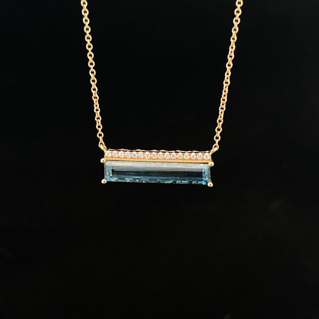 14k Rose Gold Blue Topaz &amp; Diamond Bar Necklace