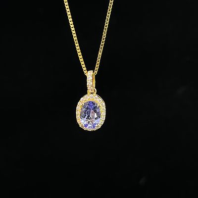14k Yellow Gold Genuine 7x5mm Tanzanite &amp; .11ctw Diamond Halo Necklace