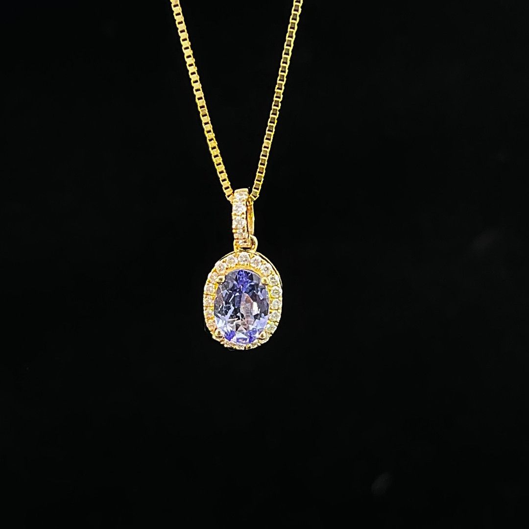 14k Yellow Gold Genuine 7x5mm Tanzanite &amp; .11ctw Diamond Halo Necklace