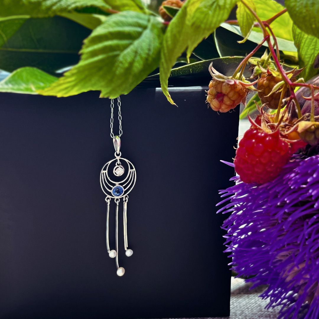 Pre-loved 14k White Gold Necklace w/ Sapphire, Diamond &amp; Pearls