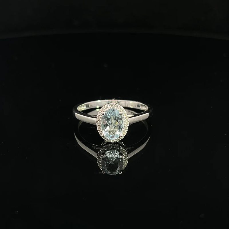 14k  White Gold Aquamarine &amp; Diamond Halo .08ctw Fashion Ring