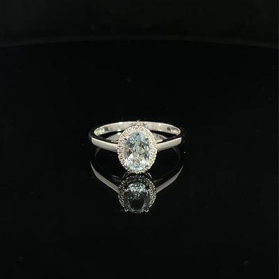 14k  White Gold Aquamarine &amp; Diamond Halo .08ctw Fashion Ring