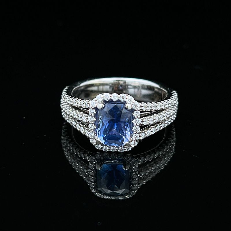 14k WG Ladies Custom Engagement Ring   .47ct Round Pave Diamonds &amp; Sri Lankan Ceylon Blue Sapphire 1.51ct (7.12x5.41x4.42)