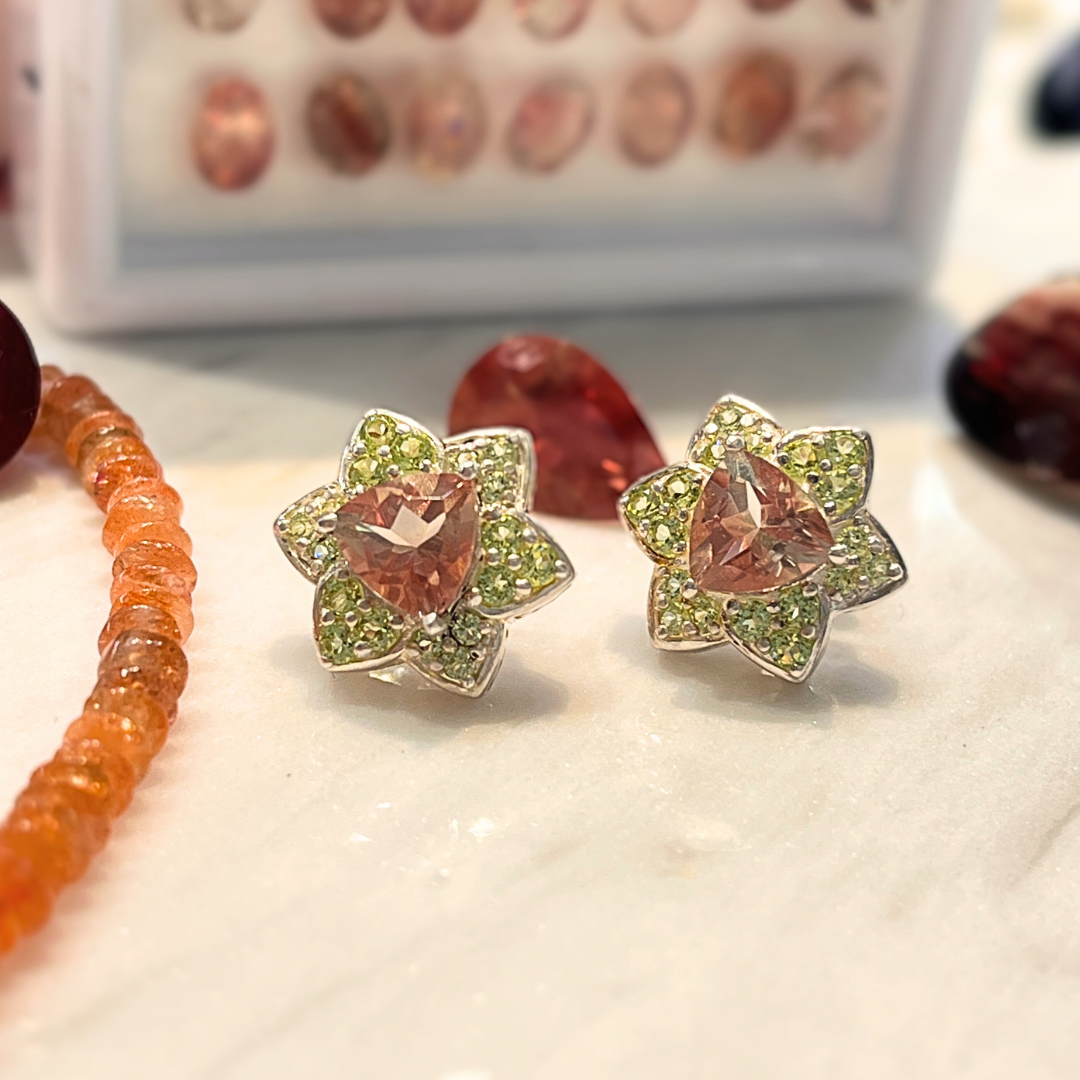 Sterling Silver Custom Star Design Oregon Sunstone Trillion Cut with Green Sapphire Accent Stones