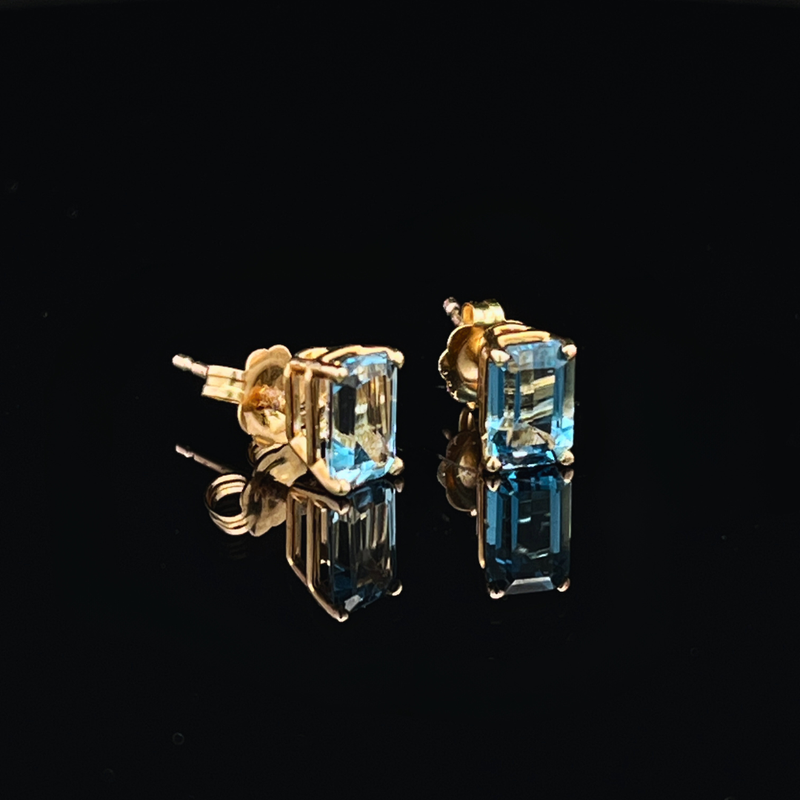 14k YG Emerald Cut Blue Topaz Stud Earrings