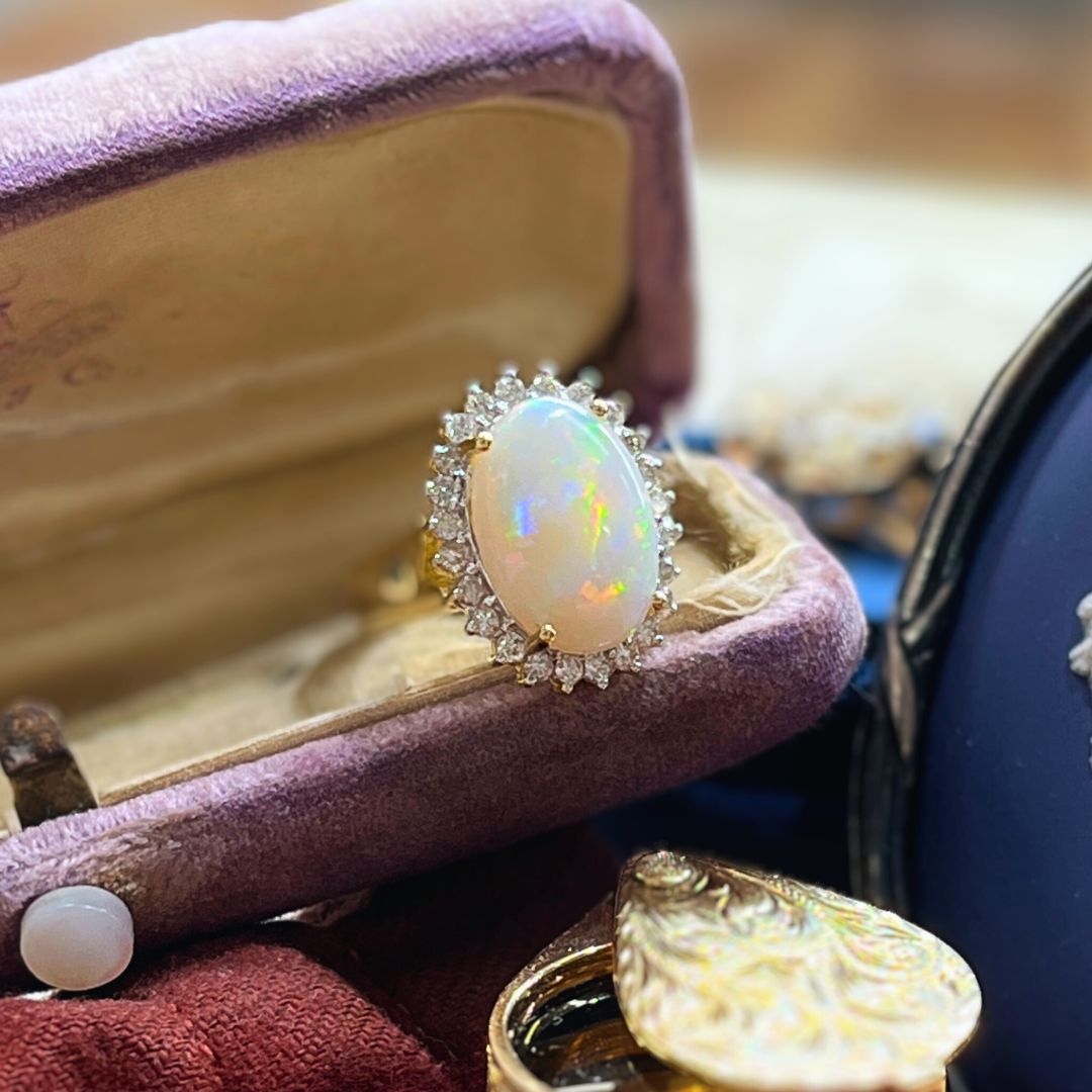 Pre-Loved 14k Yellow Gold Australian Opal &amp; Diamond Halo Fashion Ring