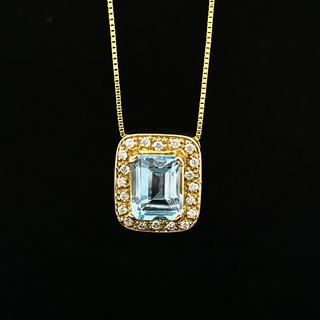 14k Yellow Gold 1ct Emerald Cut Blue Topaz w/.20tw Diamond Halo Necklace