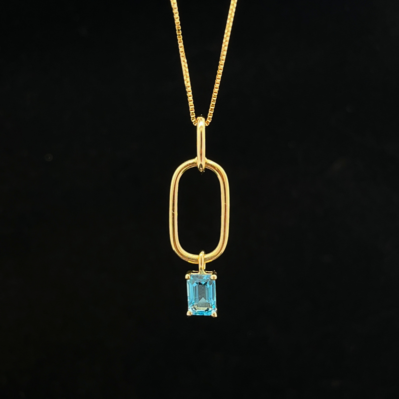 14k YG 6x4 Gen Blue topaz Emerald Paper Clip Necklace