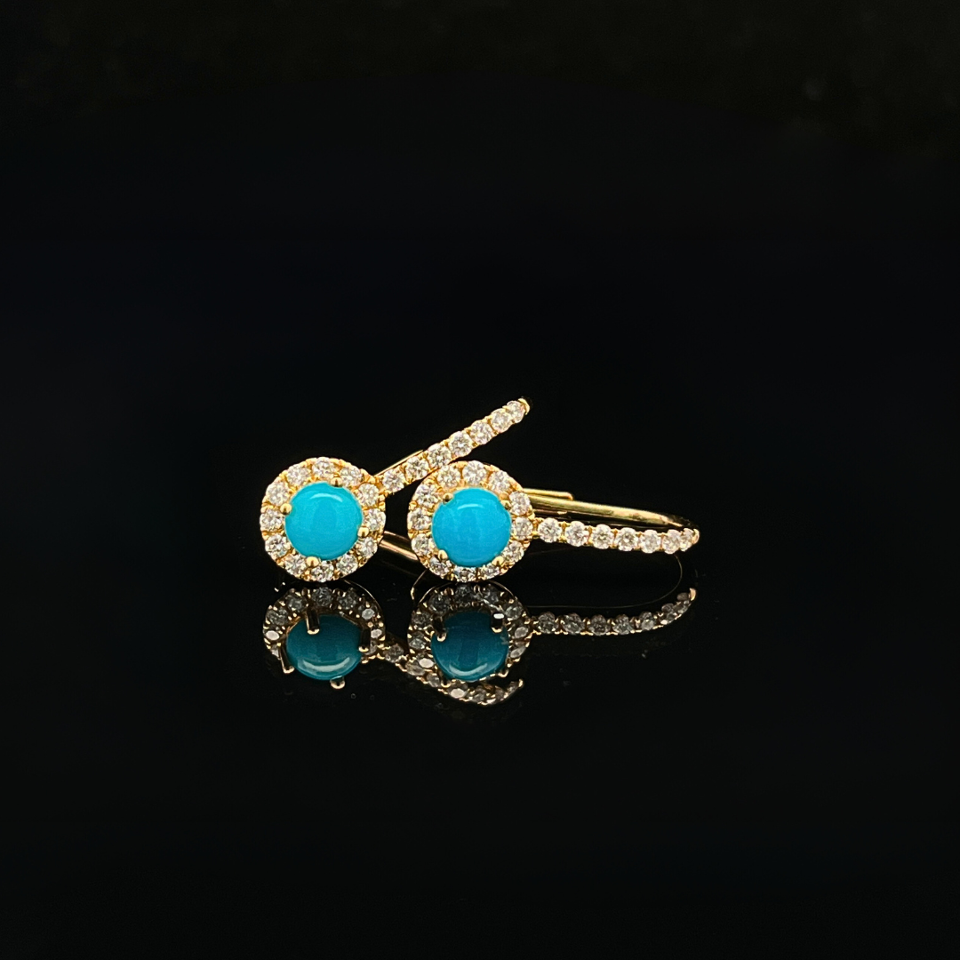 14k Yellow Gold Turquoise w/ Accent Diamonds Lever Back Earring