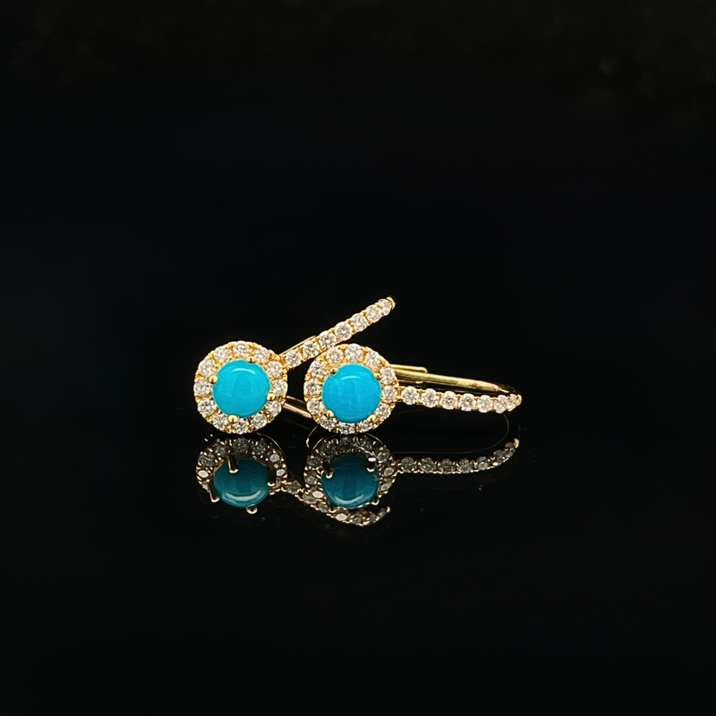 14k Yellow Gold Turquoise w/ Accent Diamonds Lever Back Earring
