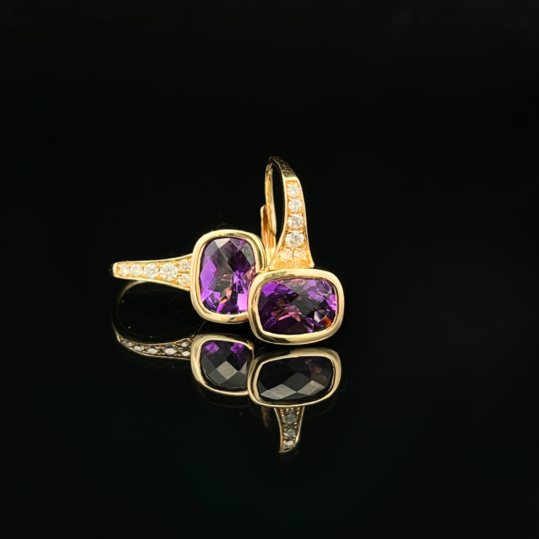 14k Yellow Gold Amethyst Bezel Set w/ Accent Diamonds Lever Back Earrings