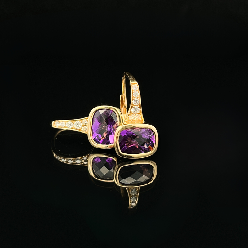 14k Yellow Gold Amethyst Bezel Set w/ Accent Diamonds Lever Back Earrings