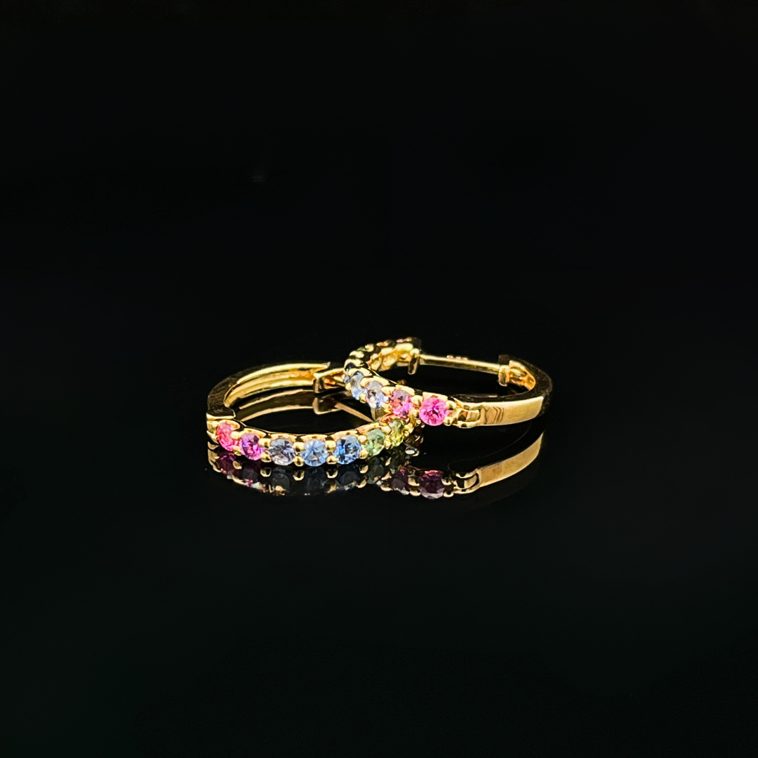 14k Yellow Gold Multi Colored Sapphire Hoops