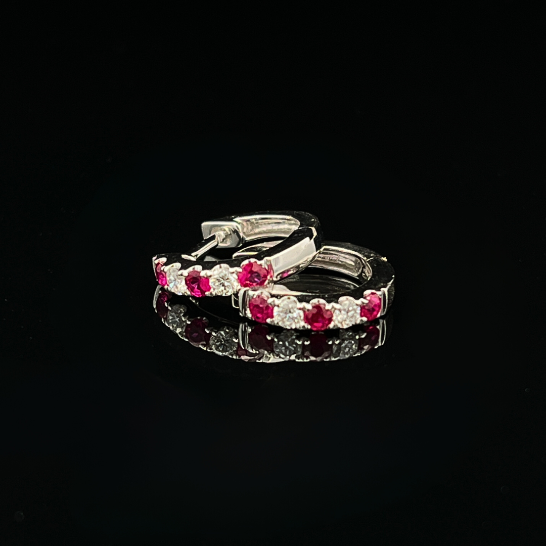 14k White Gold LG Ruby Diamond Huggie Earrings