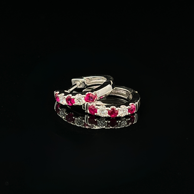 14k White Gold LG Ruby Diamond Huggie Earrings