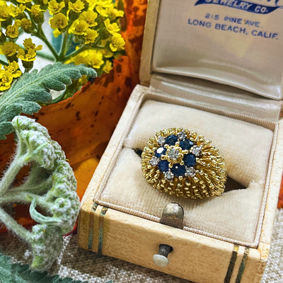 Pre-Loved 18k Yellow Gold Single Cut Diamonds &amp; Blue Sapphire Vintage Cluster Cocktail Ring