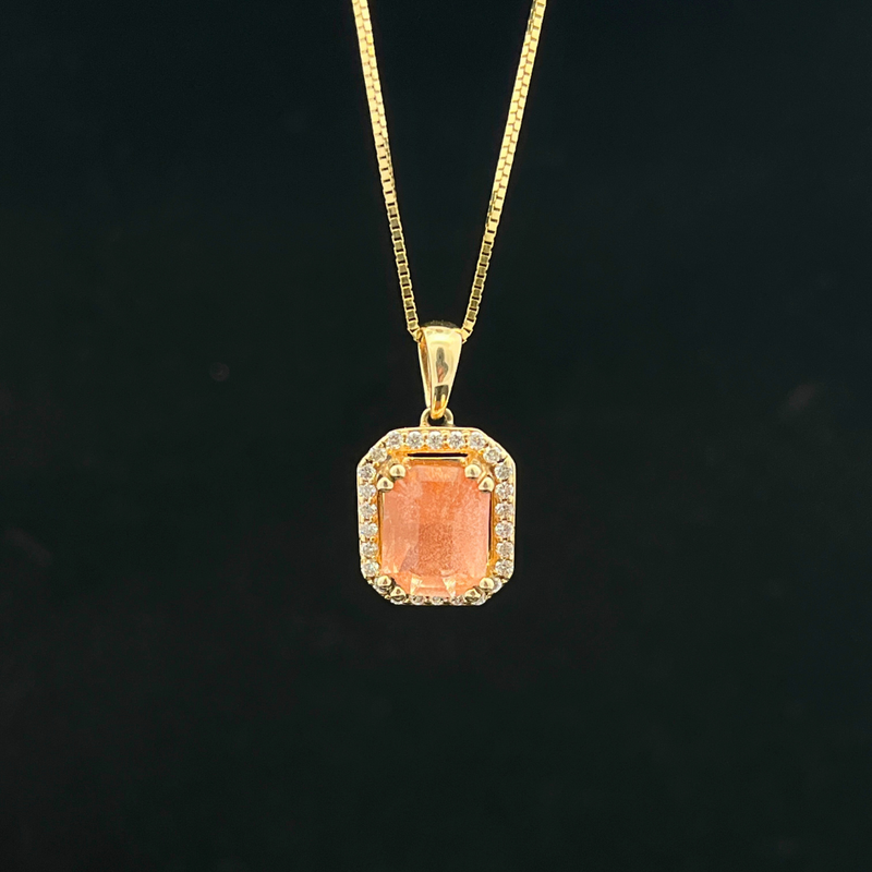 14k Yellow Gold Emerald Cut Oregon Sunstone Pendant w/ .15ctw Diamond Halo