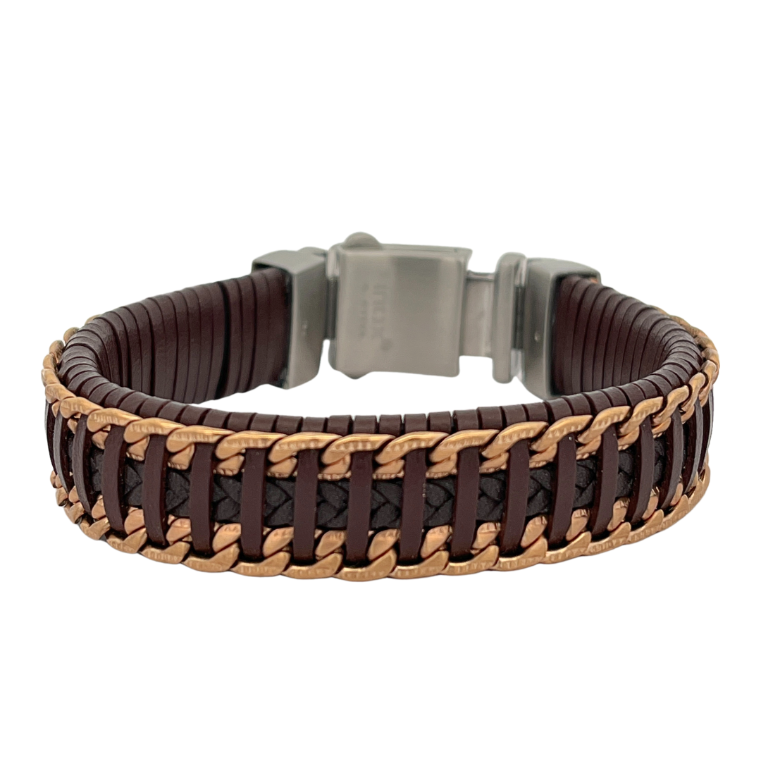 Inox 8-8.25in Brown Leather &amp; Stainless Bracelet