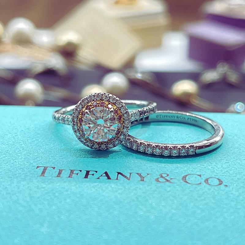 Pre-Loved Platinum &amp; Rose Gold w/ .81ctw Center Diamond &amp; Natural Pink Diamond Halo w/ Pave Diamond Accent Stones