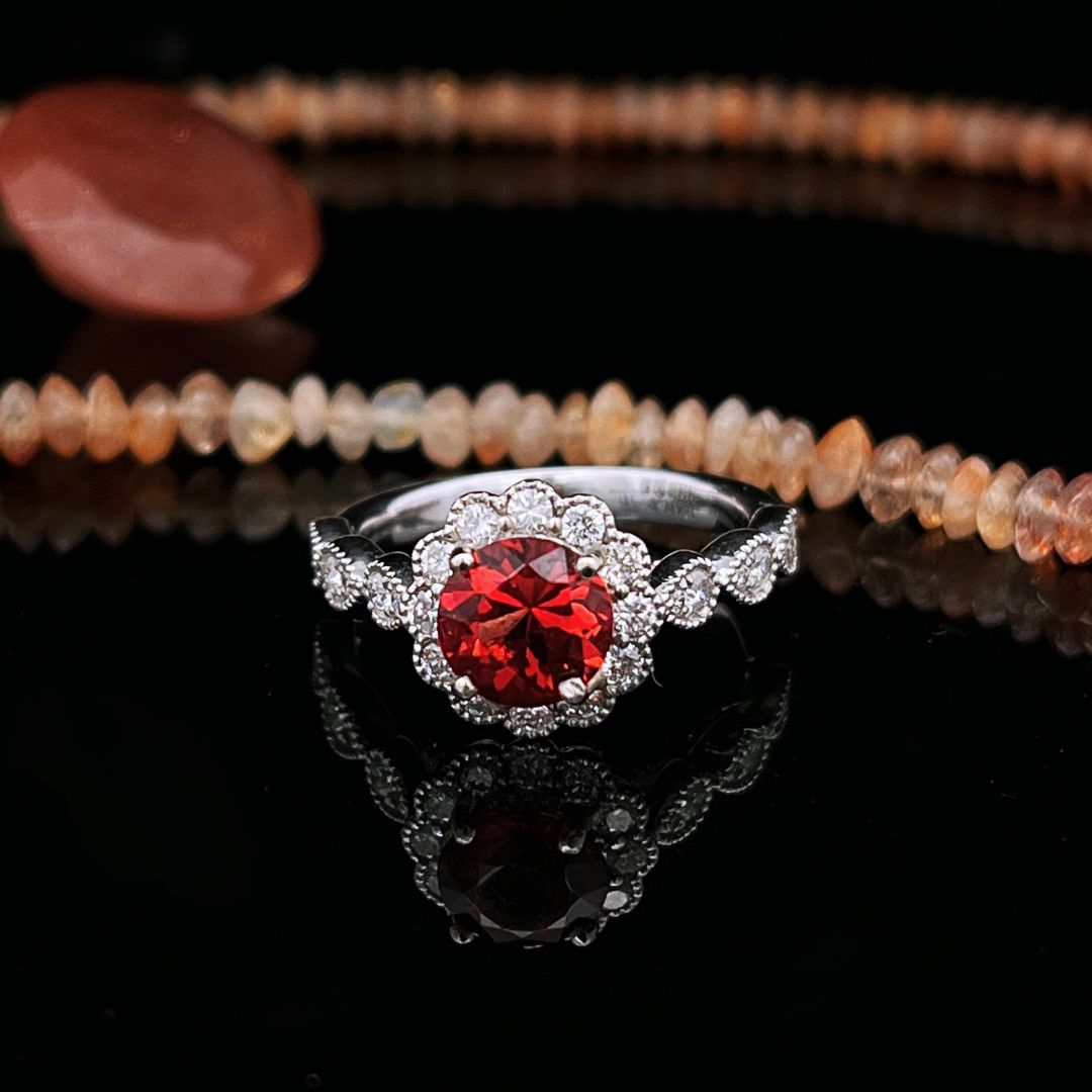 18K WG Red Sunstone w/ Diamond Accents Ring