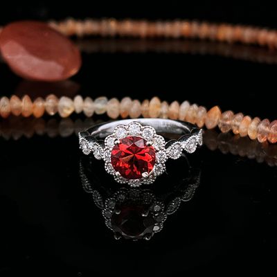18K WG Red Sunstone w/ Diamond Accents Ring