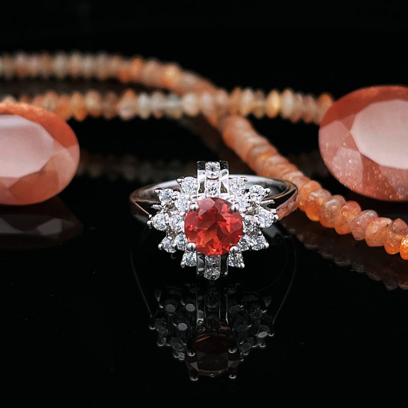 Sterling Silver 6mm Orange Sunstone &amp; Cz Ring