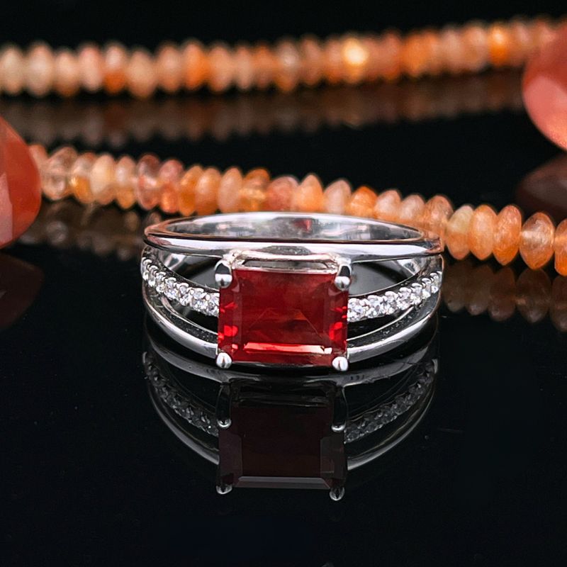 Sterling Silver 8x6mm Emerald Cut Deep Red Oregon Sunstone Ring w/ Cz Accents