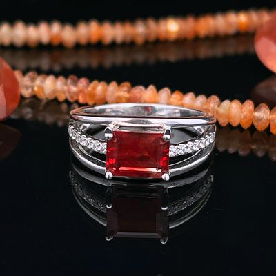 Sterling Silver 8x6mm Emerald Cut Deep Red Oregon Sunstone Ring w/ Cz Accents