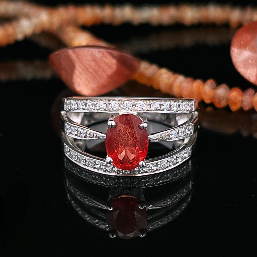 Sterling Silver 8x6mm Oval Orange Oregon Sunstone and Cz Ring