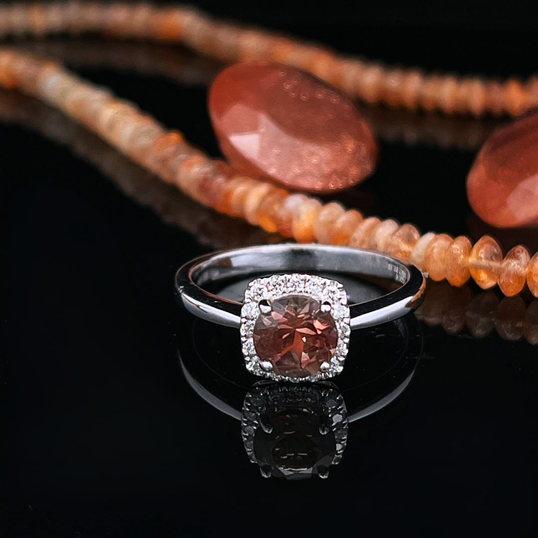 14k WG Purple &amp; Burgundy Sunstone w/ Diamond  Halo Ring