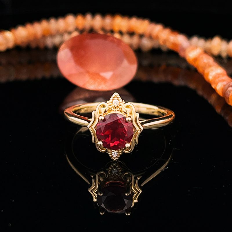 14k YG 6mm Red Oregon Sunstone &amp; .03ctw Diamond  Fashion Ring
