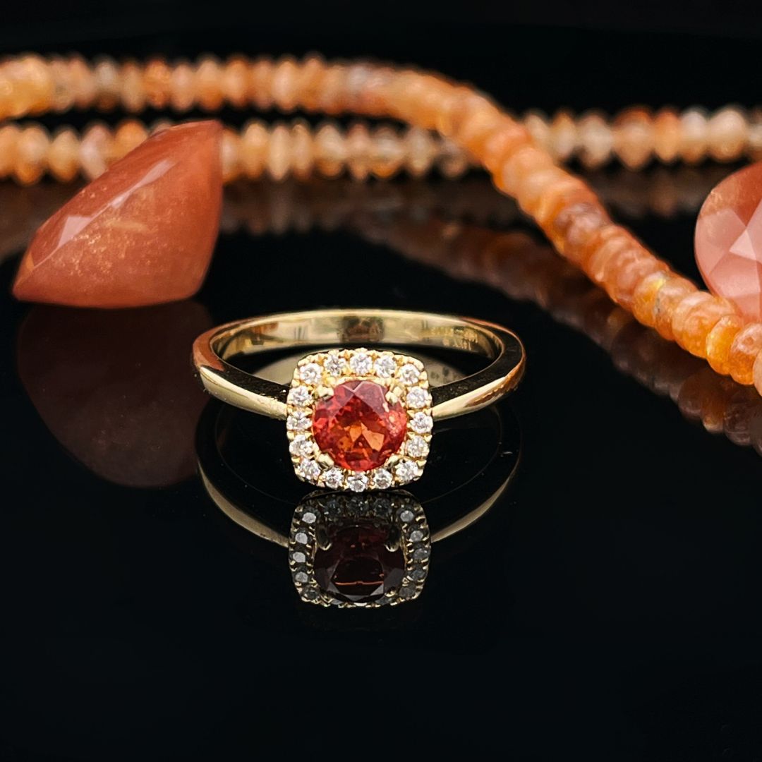 14k YG Pink Salmon Sunstone &amp; Diamond Halo Ring