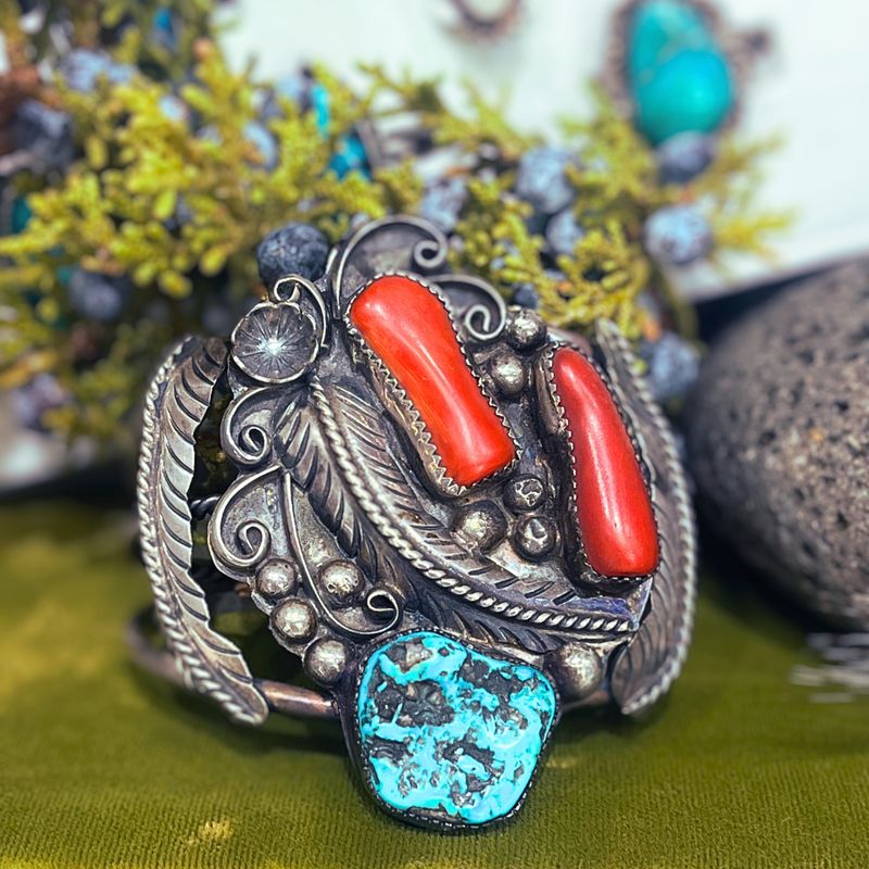 Sterling Silver Vintage Turquoise &amp; Red Coral Cuff Bracelet