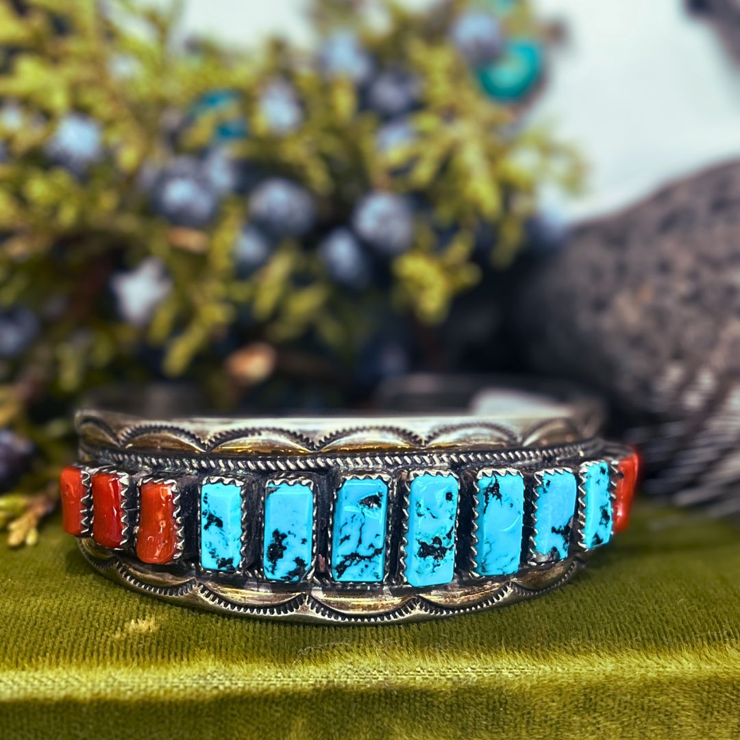 Pre-Loved Sterling Silver Handmade Turquoise &amp; Red Coral Cuff Bracelet
