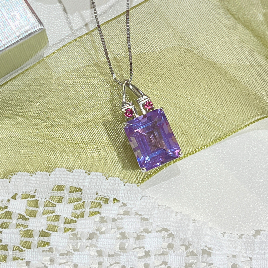 Pre Loved 14k WG Emerald Cut 12x9.7 Amethyst w/ Pink Accent Stones