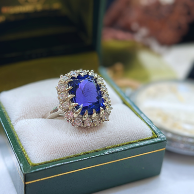 Pre-loved 14k White Gold 9.46ct Genuine Cushion Cut Tanzanite &amp; Diamond Fashion Ring w/ LG Diamonds