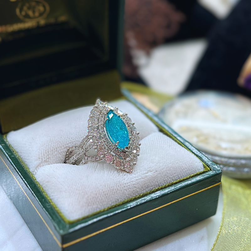 Pre-loved 18k White Gold 1.38ct Natural Paraiba Tourmaline Fashion Ring w/ 1.0ctw Diamond Accents