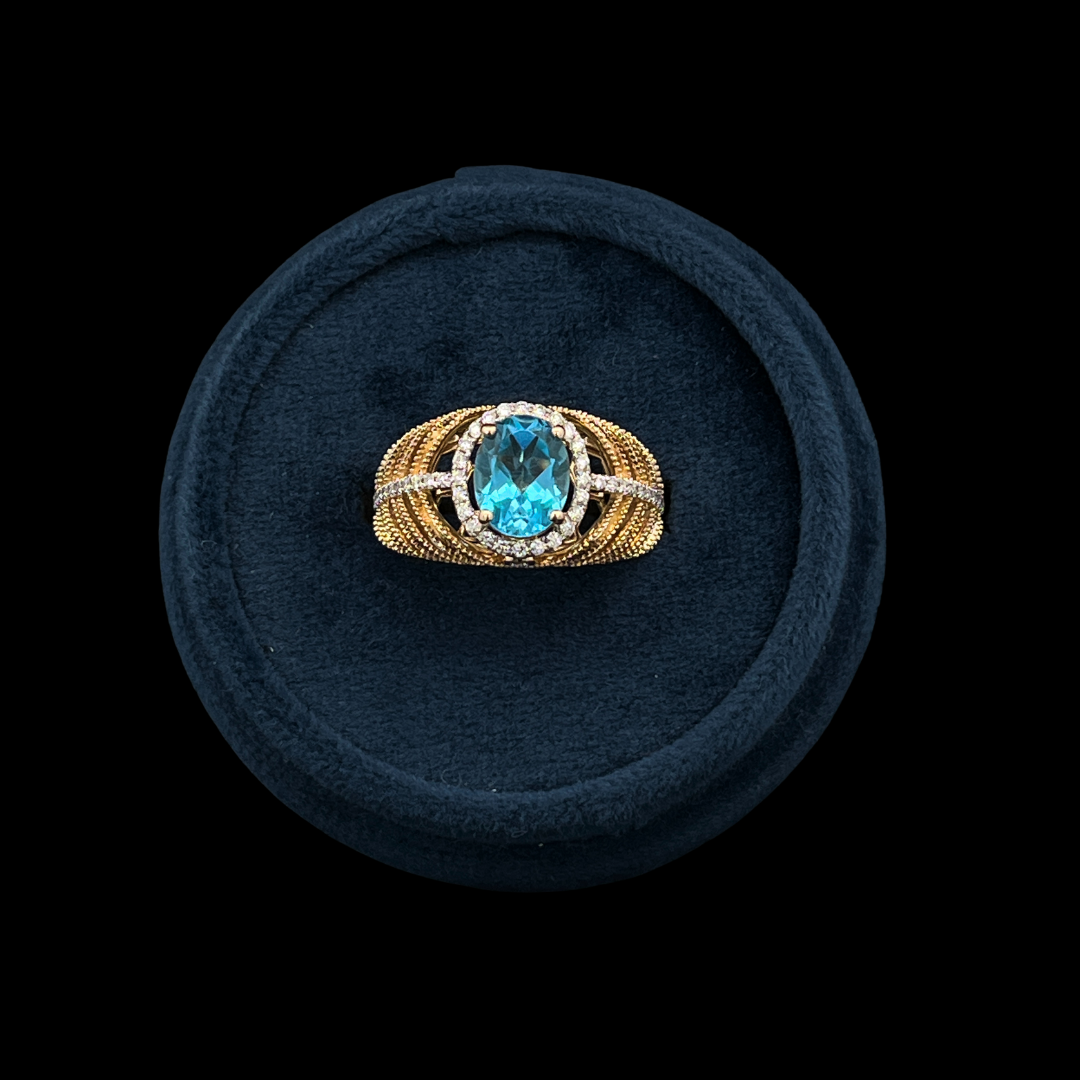 14K YG Semi Precious Milgrain with Blue Topaz Center Stone &amp; Diamond accents