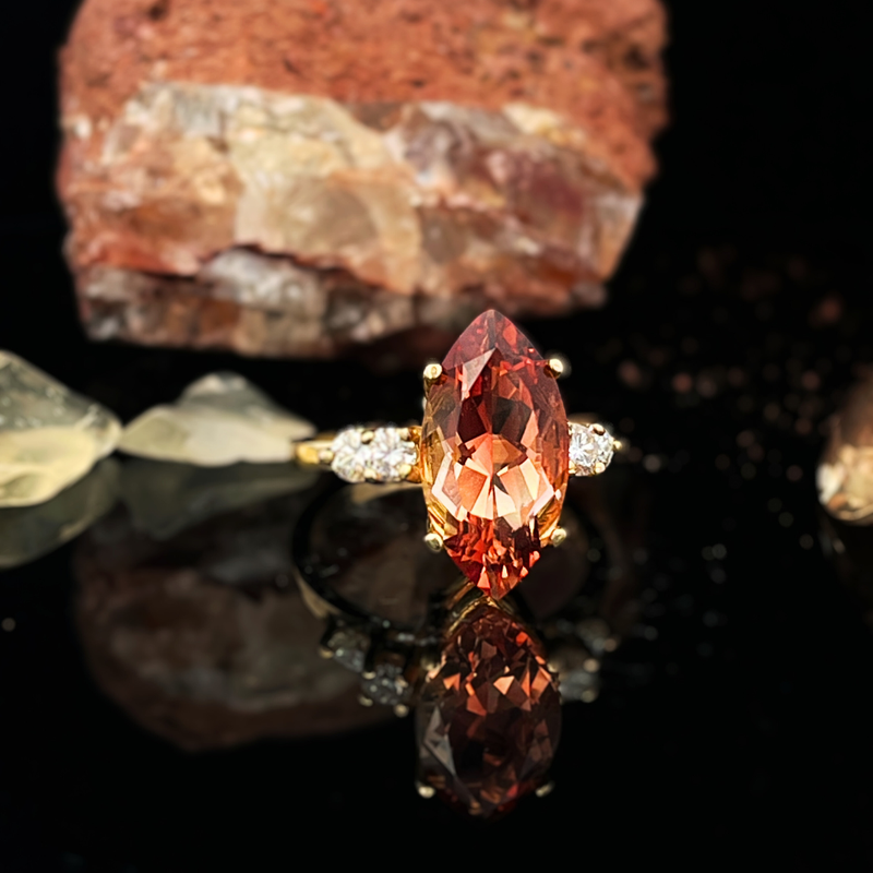14k Yellow Gold Peach Marquise Cut Sunstone Ring w/ Accent Diamonds
