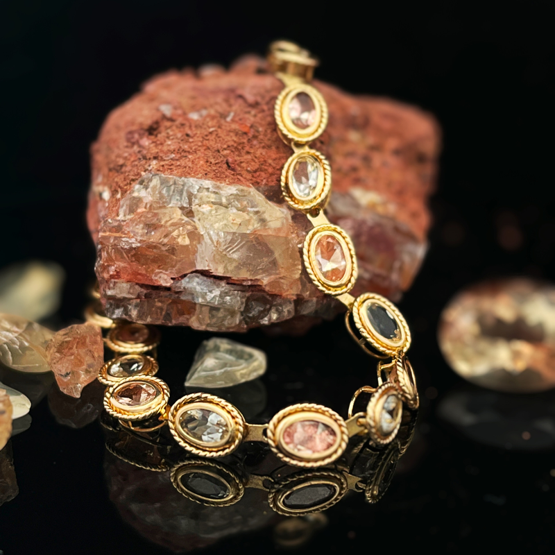 14k Yellow Gold Oval Cut Multi-Colored Sunstone  w/ Rope Accent Bracelet