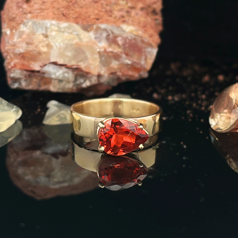 14k Yellow Gold Custom &quot;East-West&quot; Pear Cut 9x7mm Red Oregon Sunstone Ring