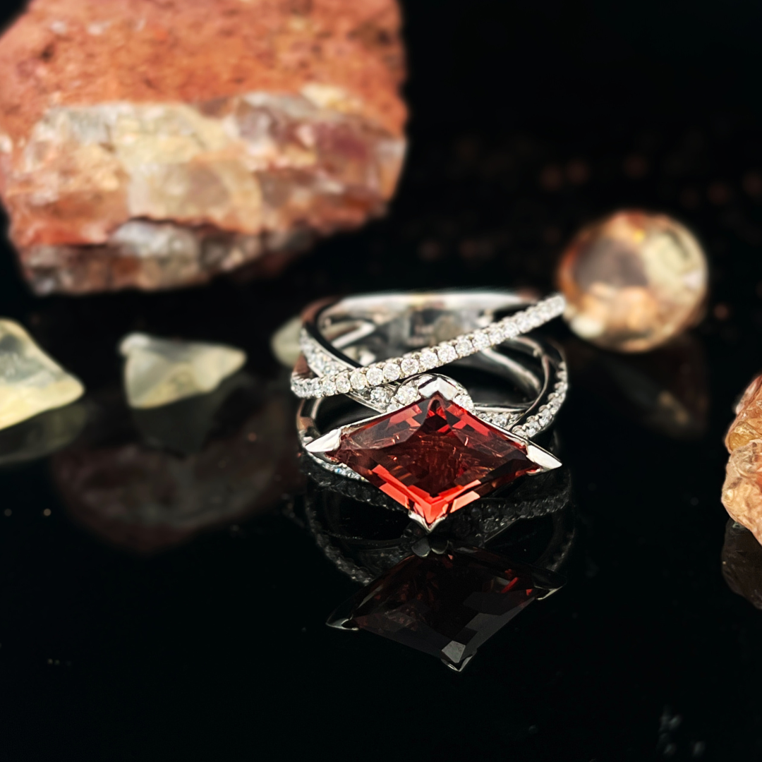 14k WG Custom Fancy Cut Oregon Sunstone Fashion Ring w/.70ctw Pave Diamonds