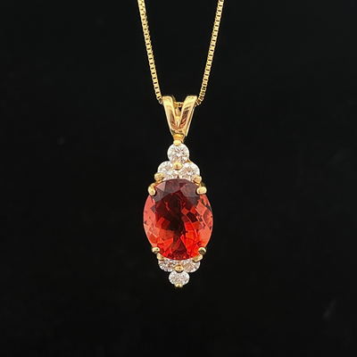 14k YG Red Oval Sunstone 12x9.80mm Pendant w/ Diamond Accents