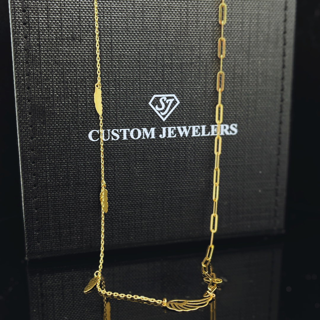 14k YG Angel Wing &amp; Feather Paperclip Chain
