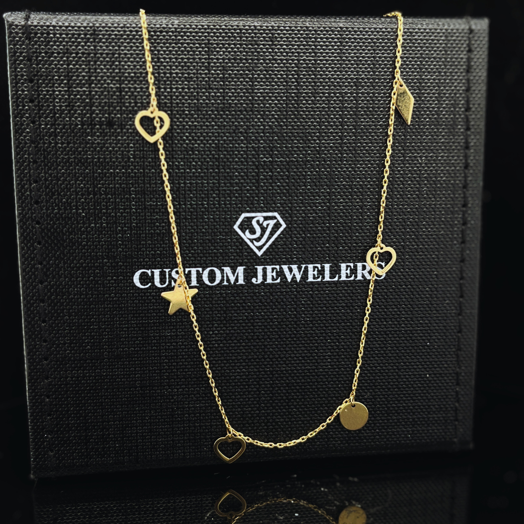 14k YG Heart/Star/Spade/Circle Adjustable Charm Necklace