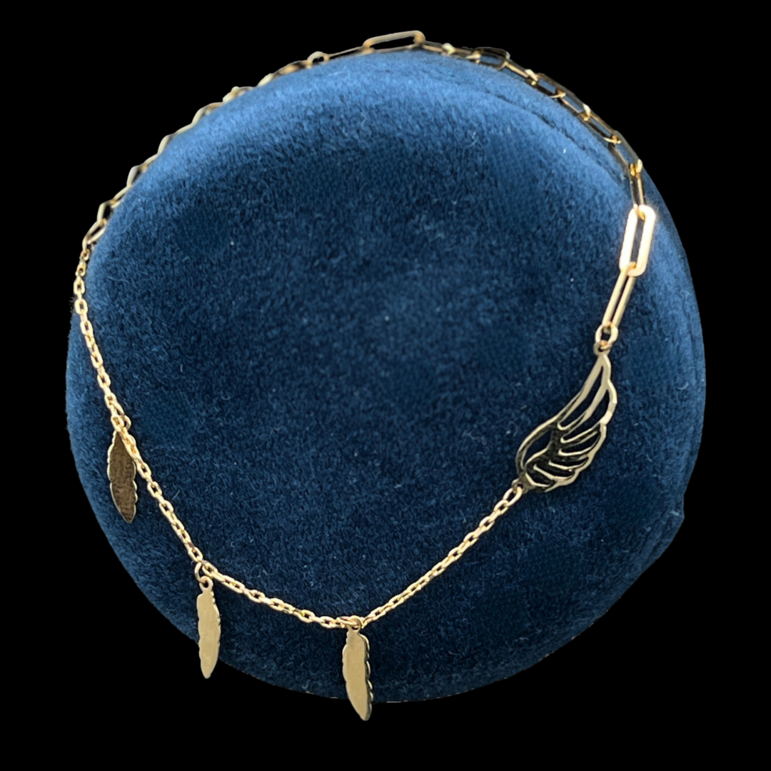 14k YG Angel Wing &amp; Feathers Paperclip Chain Bracelet